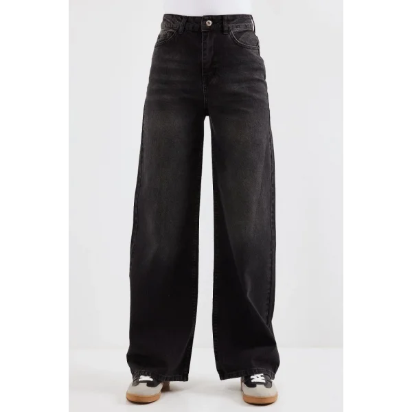 6702 Bol Paça Yüksek Bel Palazzo Kot Pantolon  Siyah