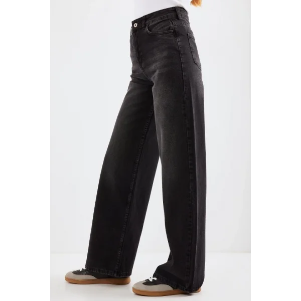 6702 Bol Paça Yüksek Bel Palazzo Kot Pantolon  Siyah