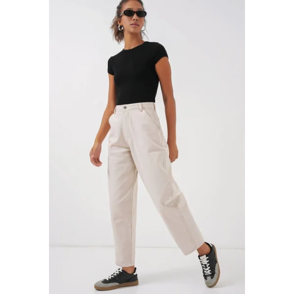 6703 Yüksek Bel Kot Pantolon  Ekru