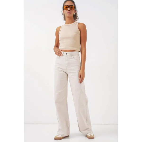 6704 Geniş Paça Yüksek Bel Kot Pantolon  Ekru