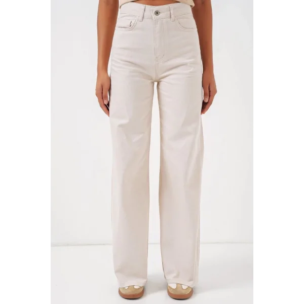 6704 Geniş Paça Yüksek Bel Kot Pantolon  Ekru