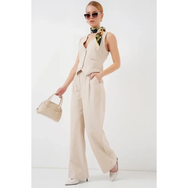 6709 Yelek Pantolon İkili Takım - Krem