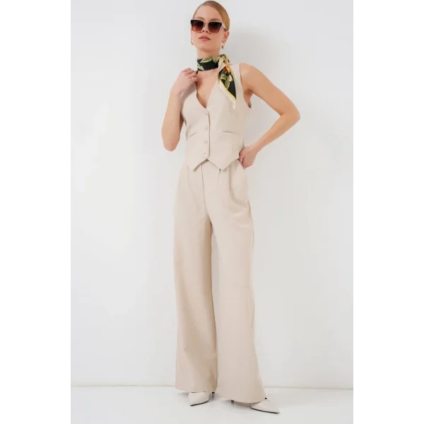 6709 Yelek Pantolon İkili Takım - Krem