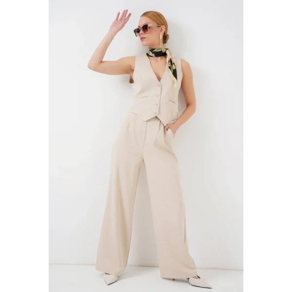 6709 Yelek Pantolon İkili Takım - Krem