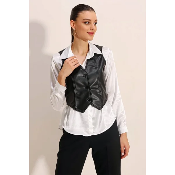 6790 Suni Deri Yelek  Siyah