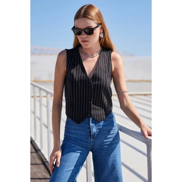 6794 Çizgili Dokuma Yelek  Siyah