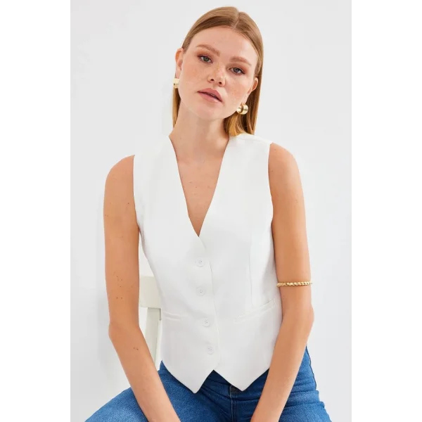 6796 Kısa Dokuma Yelek  Ekru