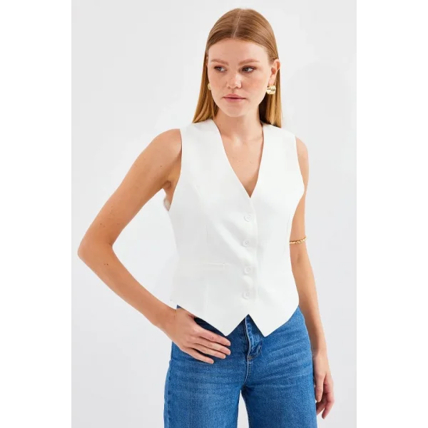 6796 Kısa Dokuma Yelek  Ekru