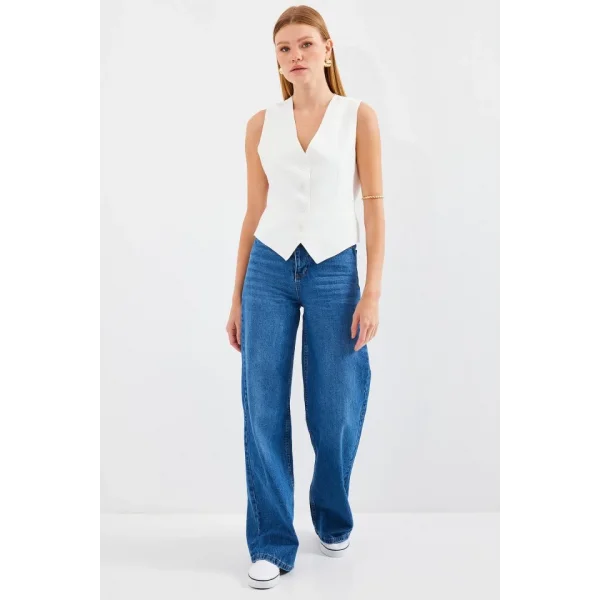 6796 Kısa Dokuma Yelek  Ekru