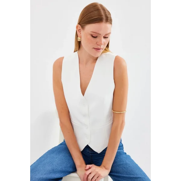 6796 Kısa Dokuma Yelek  Ekru