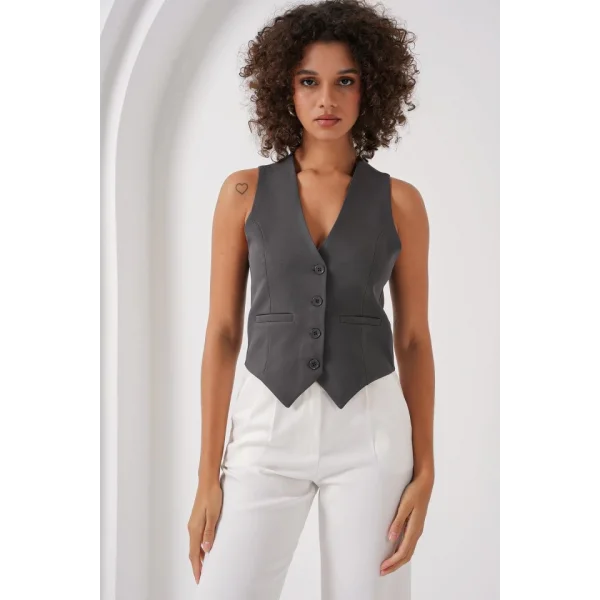 6796 Kısa Dokuma Yelek  Füme