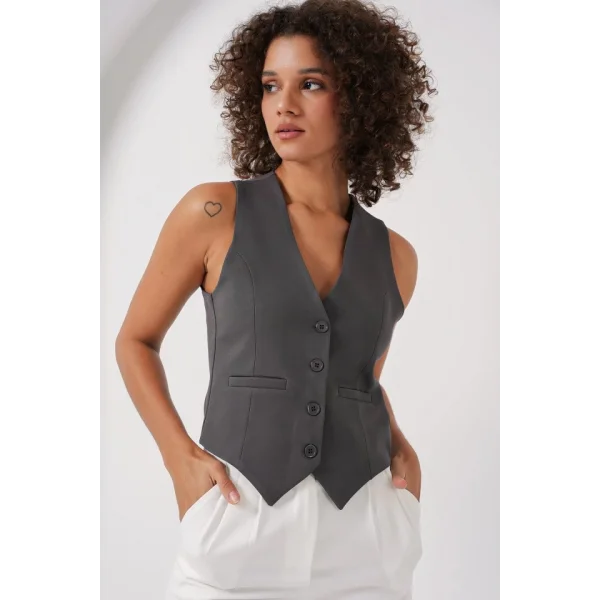 6796 Kısa Dokuma Yelek  Füme