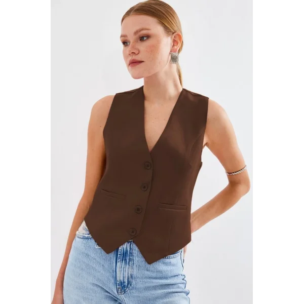 6796 Kısa Dokuma Yelek  Kahverengi