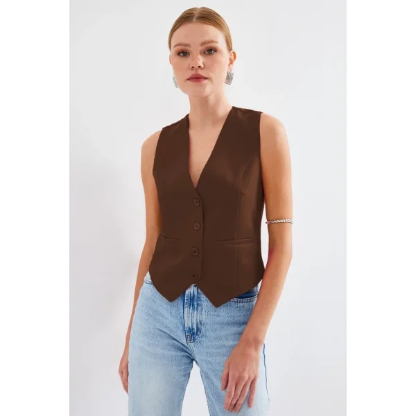 6796 Kısa Dokuma Yelek  Kahverengi