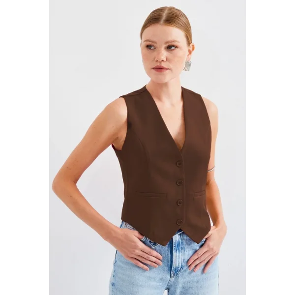 6796 Kısa Dokuma Yelek  Kahverengi