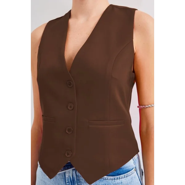 6796 Kısa Dokuma Yelek  Kahverengi