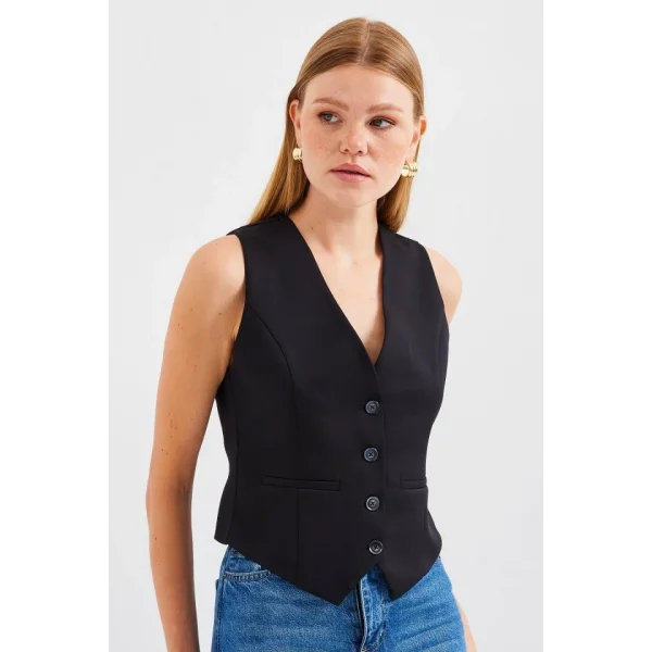 6796 Kısa Dokuma Yelek  Siyah