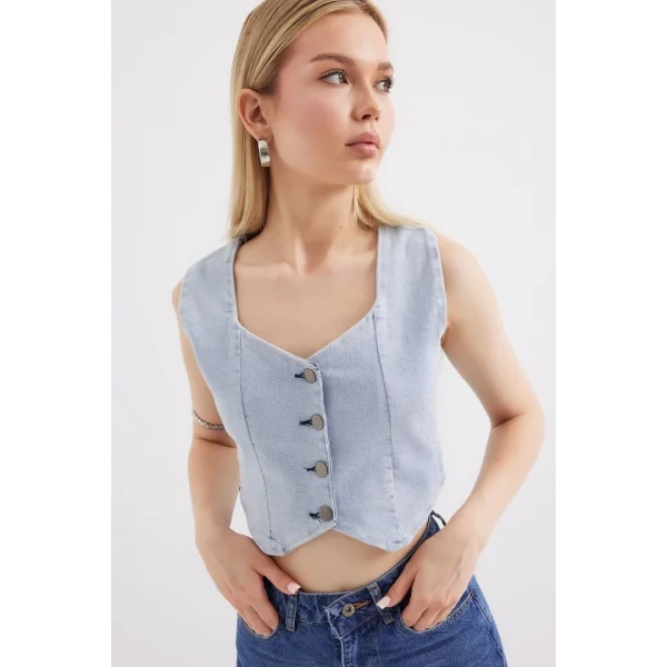 6797 Crop Kot Yelek  Mavi