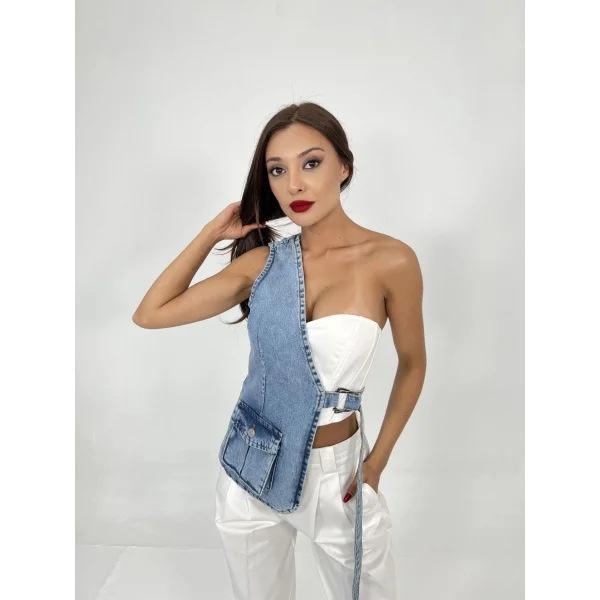 6838 ASYMMETRIC DENIM VEST-MAVİ
