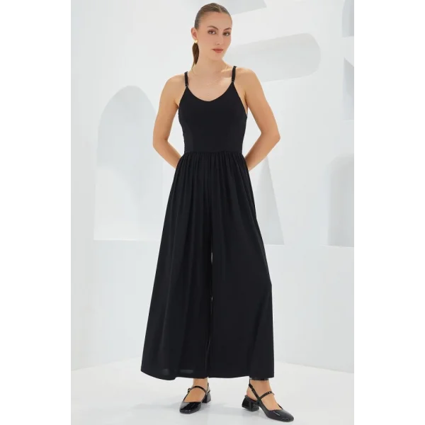 7029 Bol Paça Askılı Tulum  Siyah