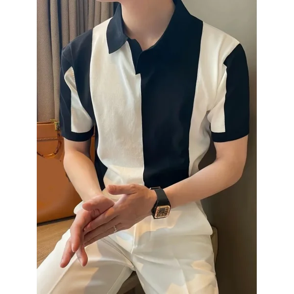 7Erkek Kısa Kollu Polo Yakalı Blok Desenli Triko Bluz