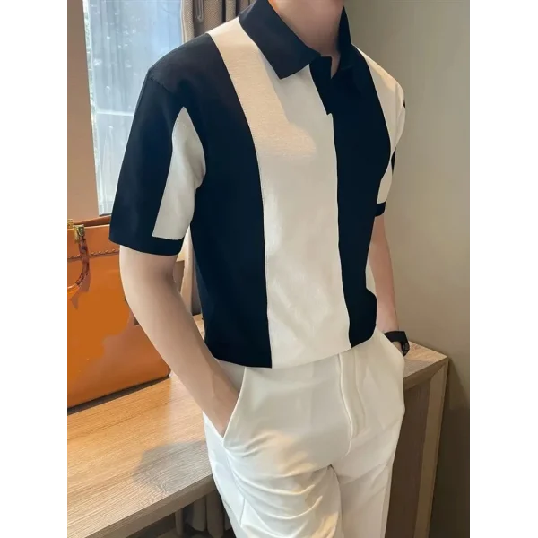 7Erkek Kısa Kollu Polo Yakalı Blok Desenli Triko Bluz