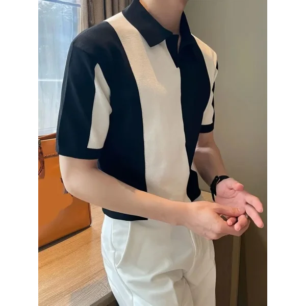 7Erkek Kısa Kollu Polo Yakalı Blok Desenli Triko Bluz