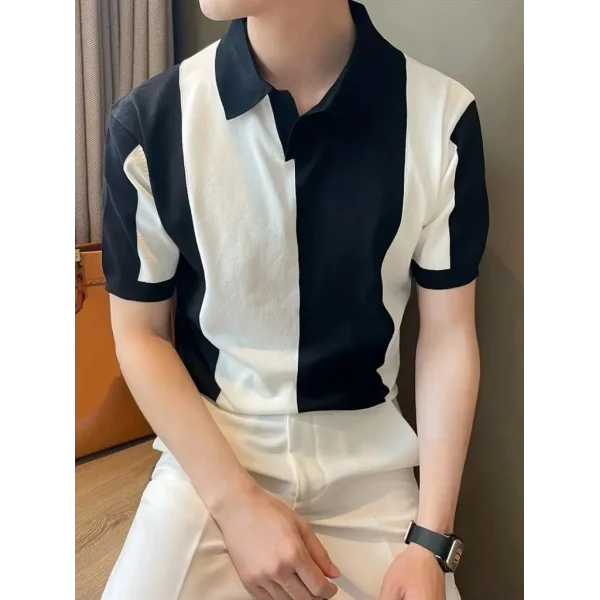 7Erkek Kısa Kollu Polo Yakalı Blok Desenli Triko Bluz