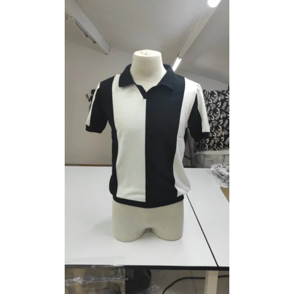 7Erkek Kısa Kollu Polo Yakalı Blok Desenli Triko Bluz