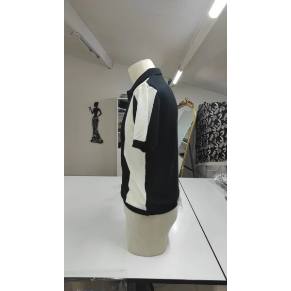 7Erkek Kısa Kollu Polo Yakalı Blok Desenli Triko Bluz