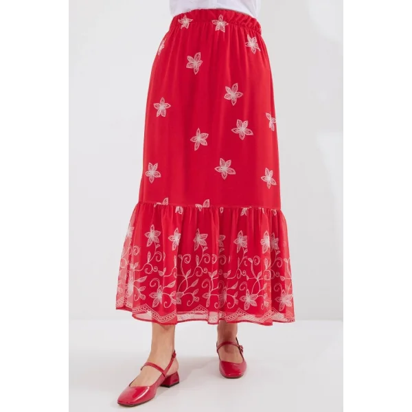 8010 Desenli Şifon Etek  A.Kırmızı