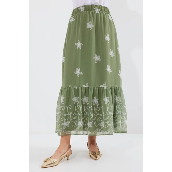 8010 Desenli Şifon Etek  Haki