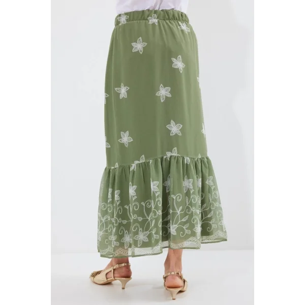 8010 Desenli Şifon Etek  Haki