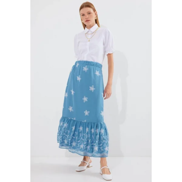 8010 Desenli Şifon Etek  İndigo