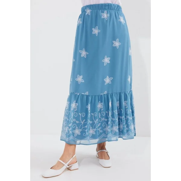 8010 Desenli Şifon Etek  İndigo