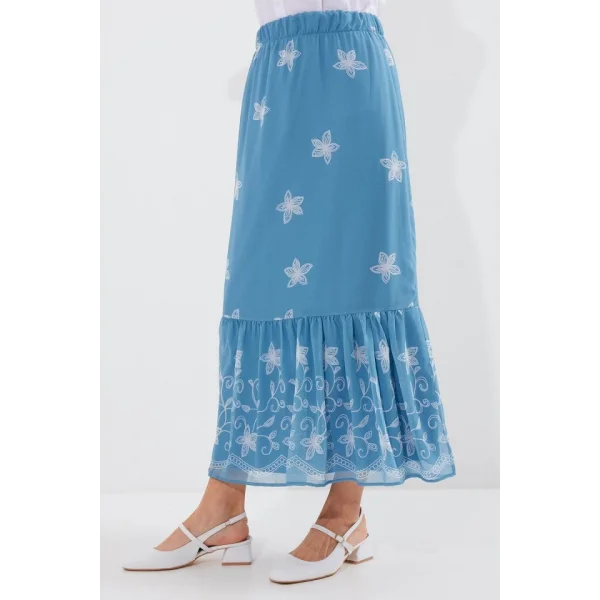 8010 Desenli Şifon Etek  İndigo