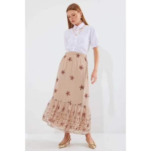 8010 Desenli Şifon Etek  Vizon