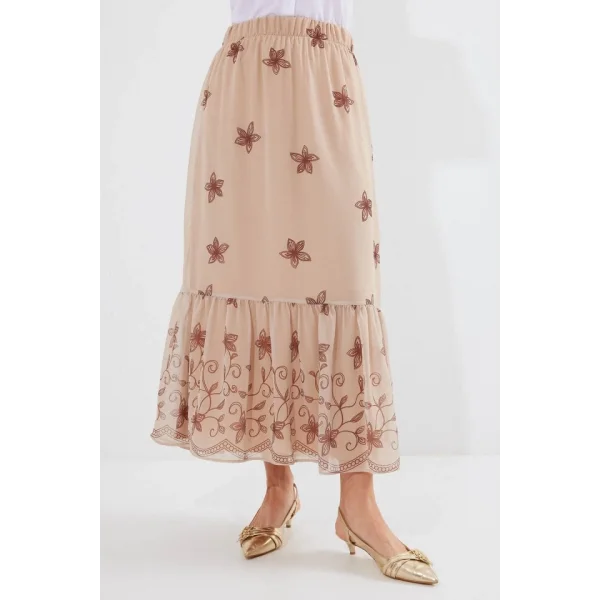 8010 Desenli Şifon Etek  Vizon