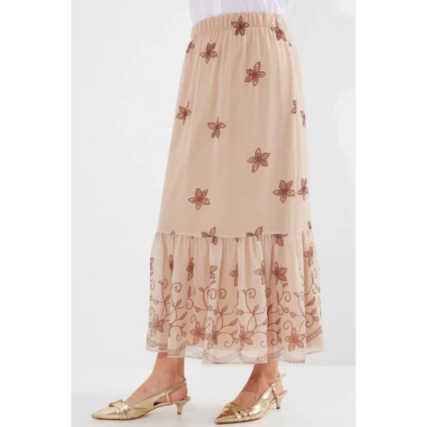 8010 Desenli Şifon Etek  Vizon