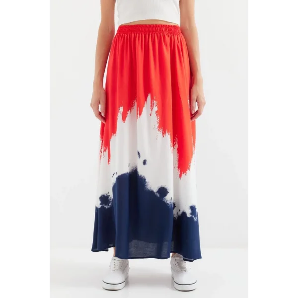 8025 Desenli Uzun Viskon Etek  Kırmızı