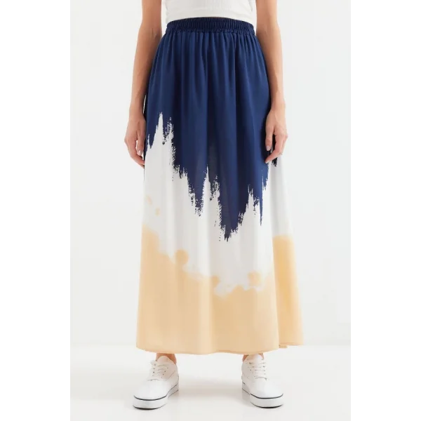 8025 Desenli Uzun Viskon Etek  Lacivert