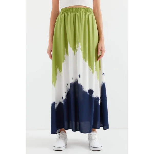 8025 Desenli Uzun Viskon Etek  Yeşil