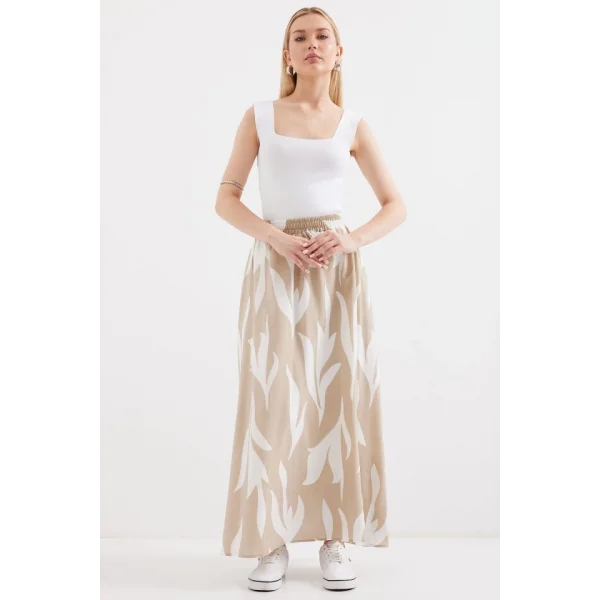8028 Desenli Uzun Etek  Bej