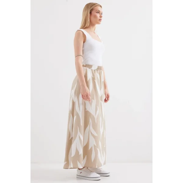 8028 Desenli Uzun Etek  Bej