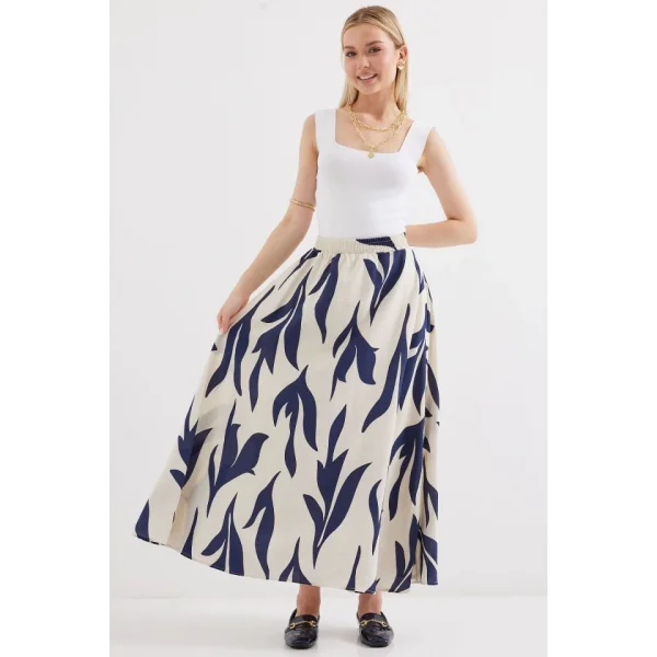 8028 Desenli Uzun Etek  Lacivert