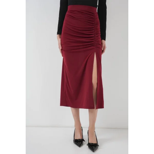 8033 Sandy Yırtmaçlı Etek  Bordo