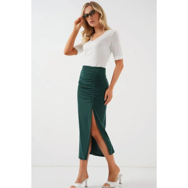 8033 Sandy Yırtmaçlı Etek - Zümrüt Yeşili