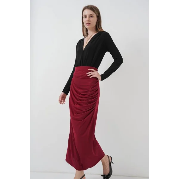 8035 Büzgülü Midi Etek  Bordo