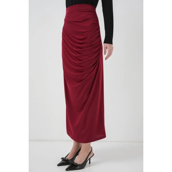 8035 Büzgülü Midi Etek  Bordo