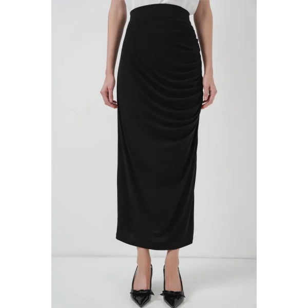 8035 Büzgülü Midi Etek  Siyah